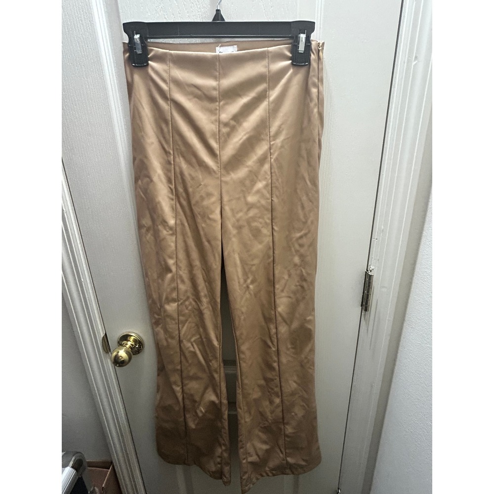 Princess Polly Faux Leather Wide Leg Pants US 4 Beige High Rise Vegan Leather
